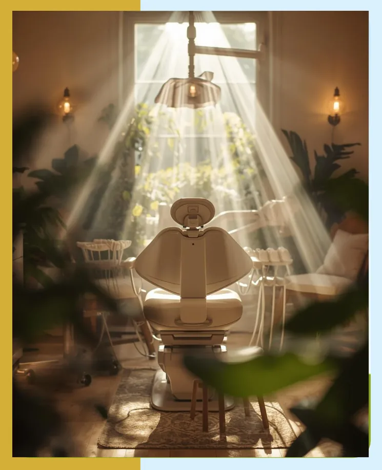 A dental chair in a sunlit room surrounded by plants
